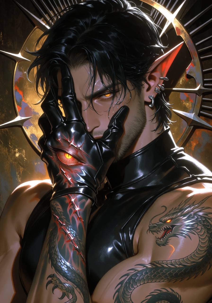 close-up portrait of a mysterious,  handsome elf-like man with tousled wet black hair and pointed ears,  three-quarter vie...