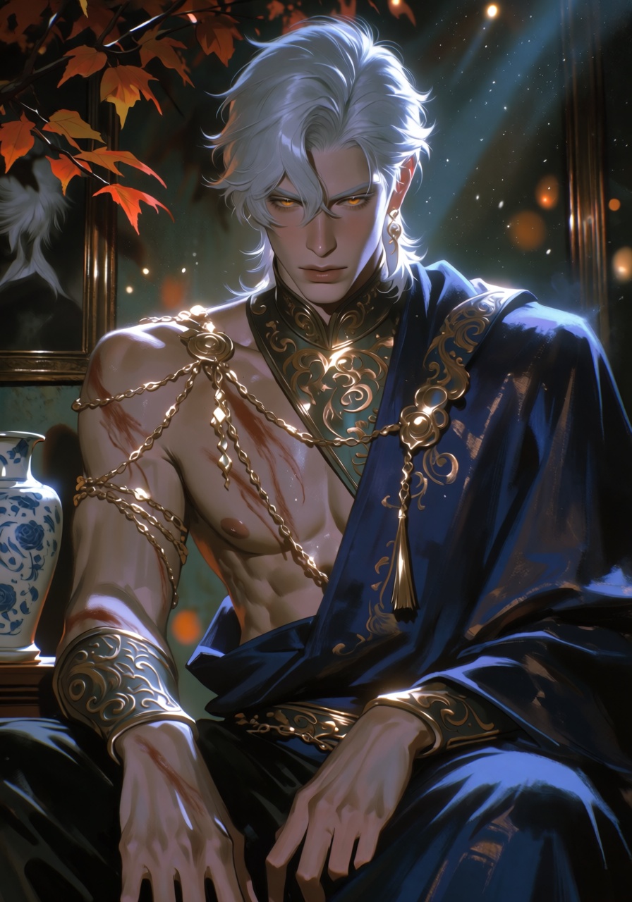 portrait of a solemn,  regal young man seated on a low platform,  ash-tinted skin and silver-white hair falling over his b...