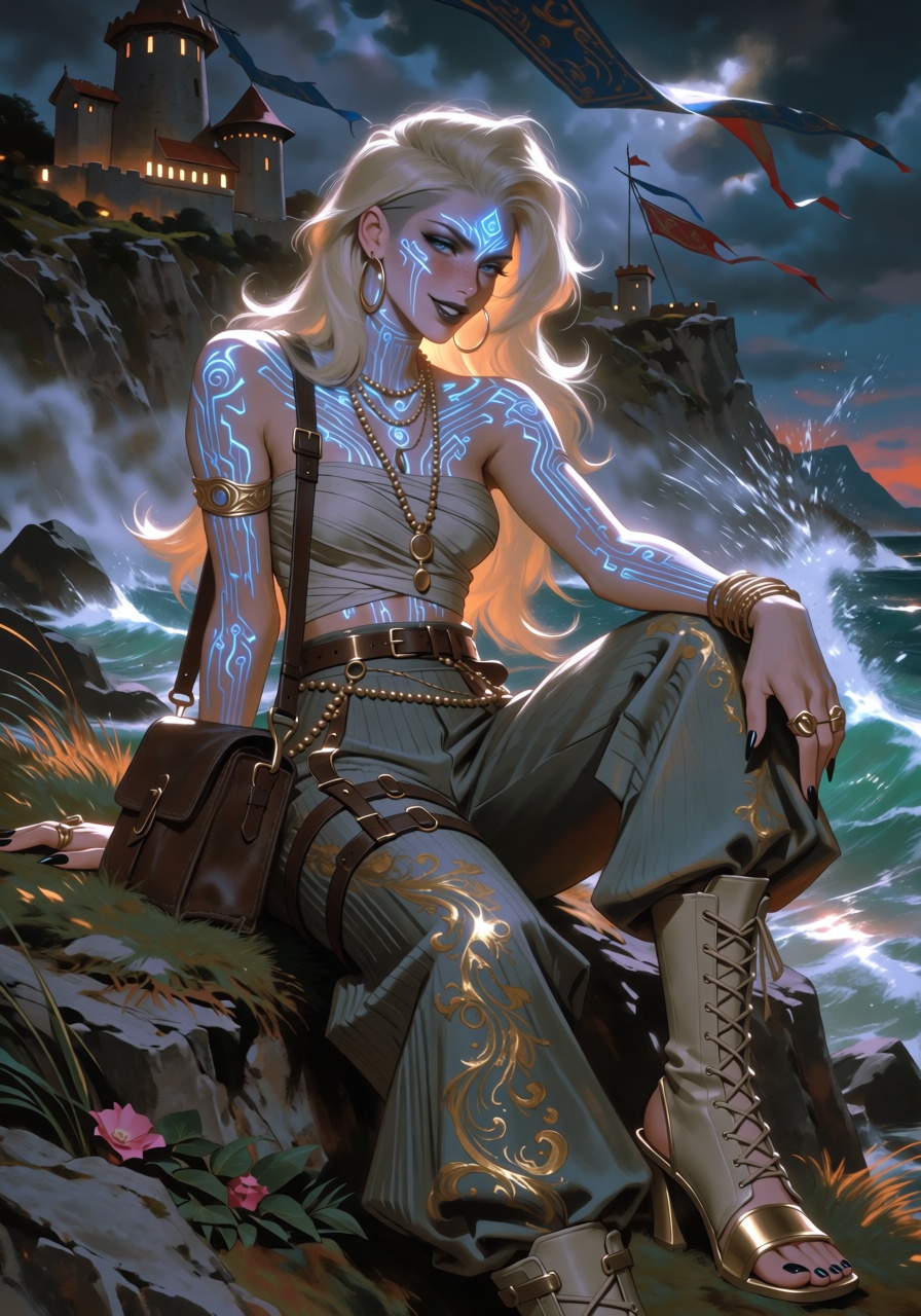 A luminous,  enigmatic seaside rogue-witch seated on a craggy cliff at twilight,  platinum-blonde hair in soft waves with...