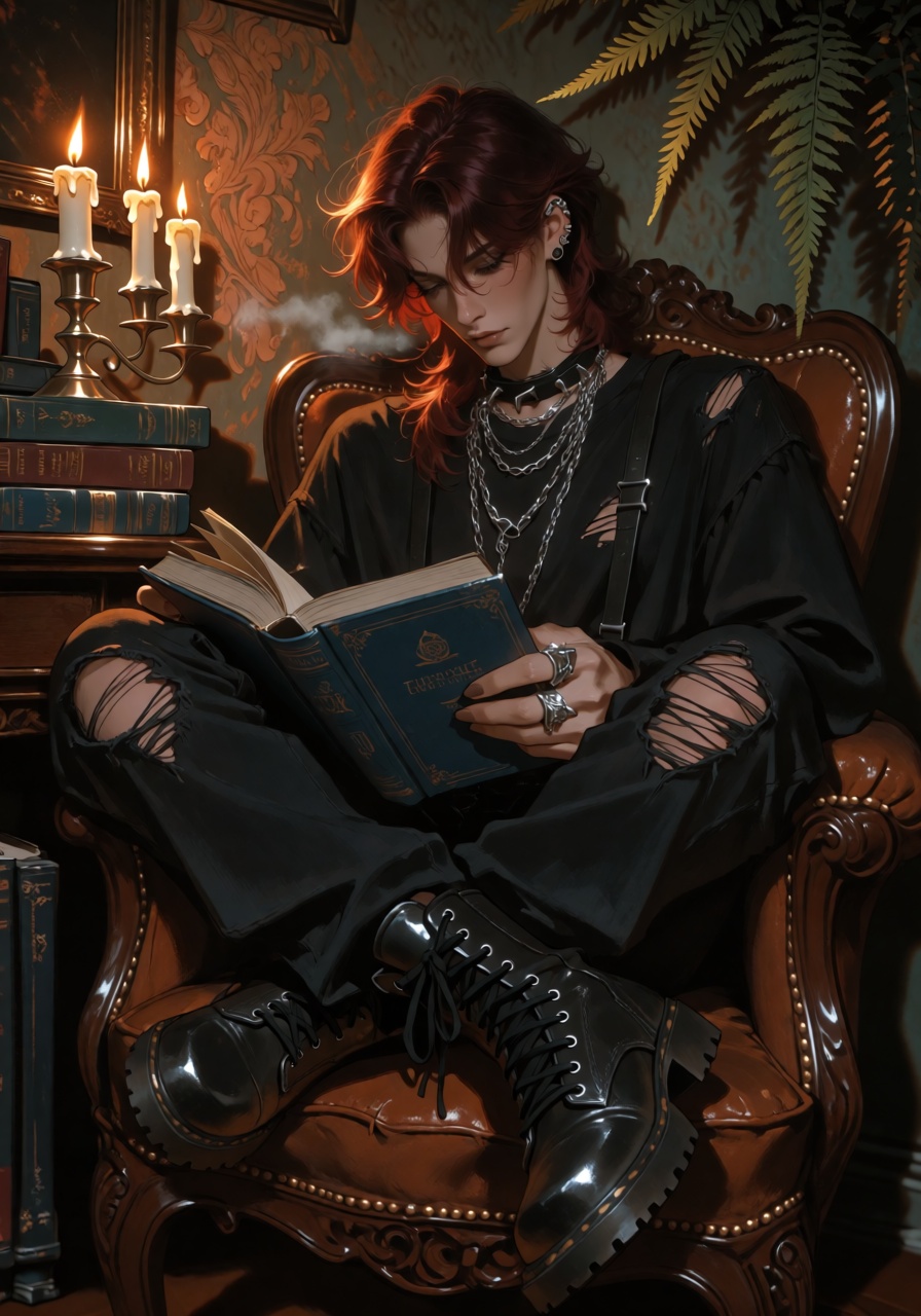 A moody,  vertical portrait set in a timeworn library where candlelight liquefies into warm amber and chestnut shadows,  a...
