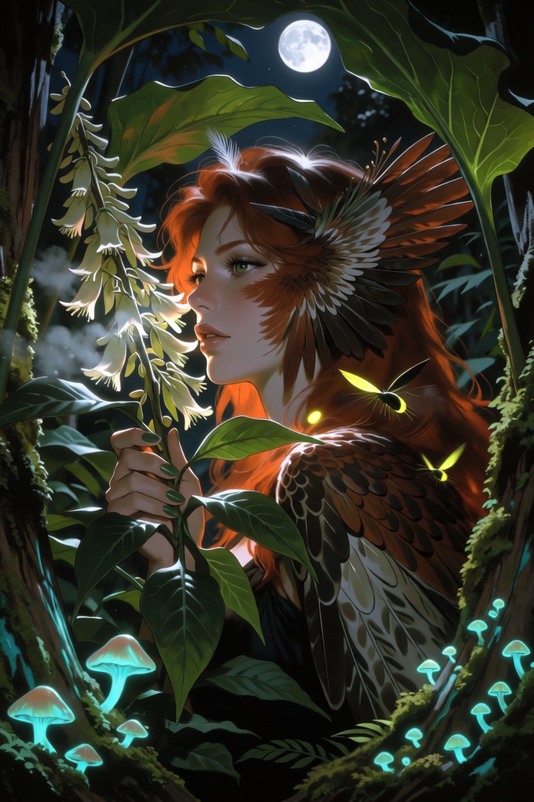 A striking female with warm ivory skin,  copper-red hair,  and dark green eyes stands waist-deep among enormous flowering...