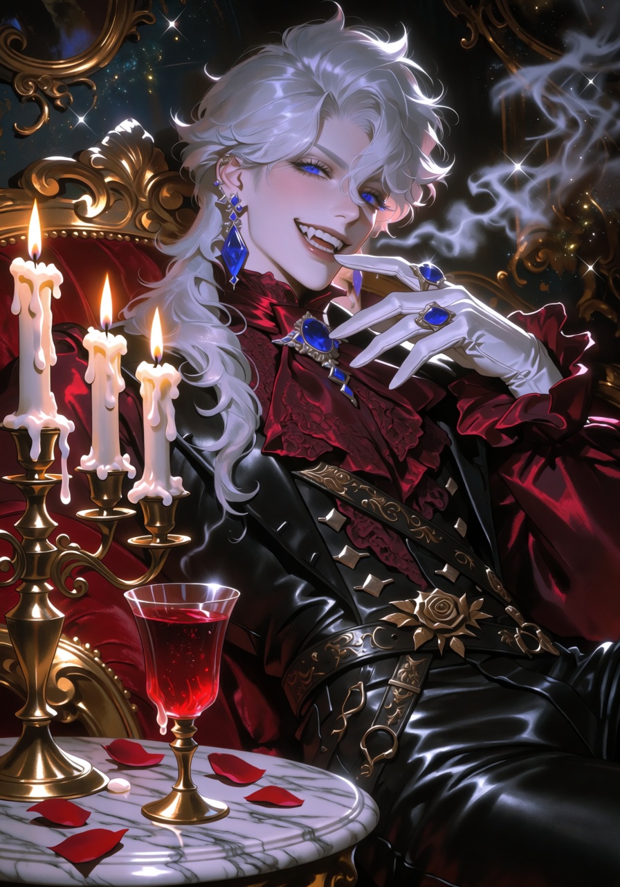 A decadent,  dreamlike baroque scene: an elegant,  pale-skinned aristocrat reclines on a gilded crimson chaise on Tensor.Art
