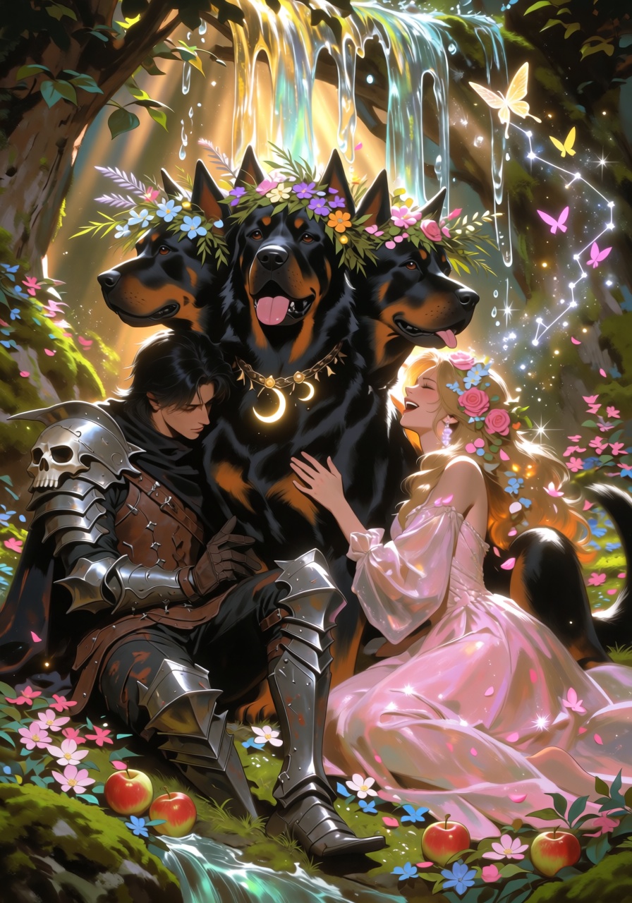 A luminous,  surreal scene of an enchanted forest glade where a gentle,  three-headed black mastiff the size of a small hi...