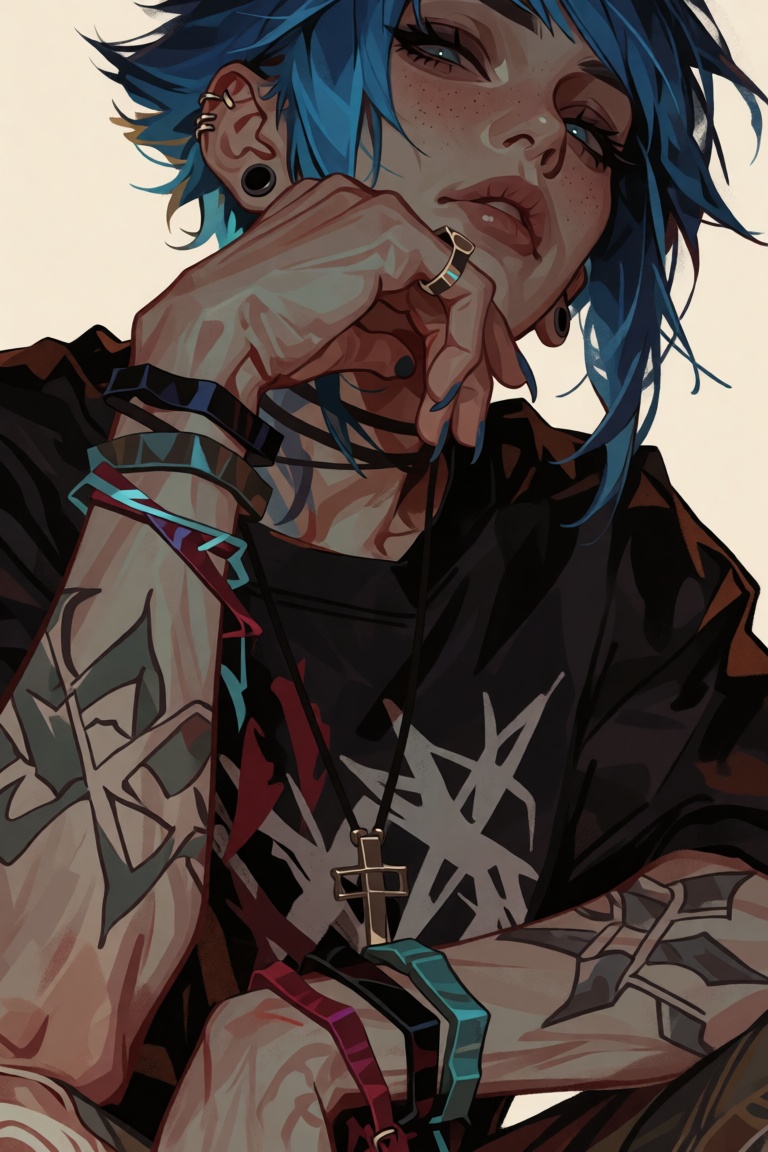 Style: semi realistic digital illustration,  painterly stylized art,  complex character design: The image depicts a person...