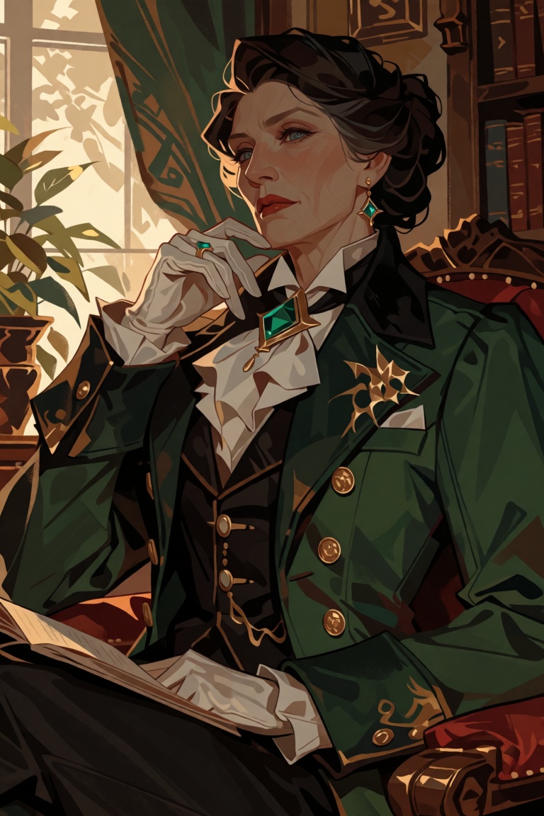 Style: semi realistic digital illustration,  painterly stylized art,  complex character design: The image depicts a sophis...