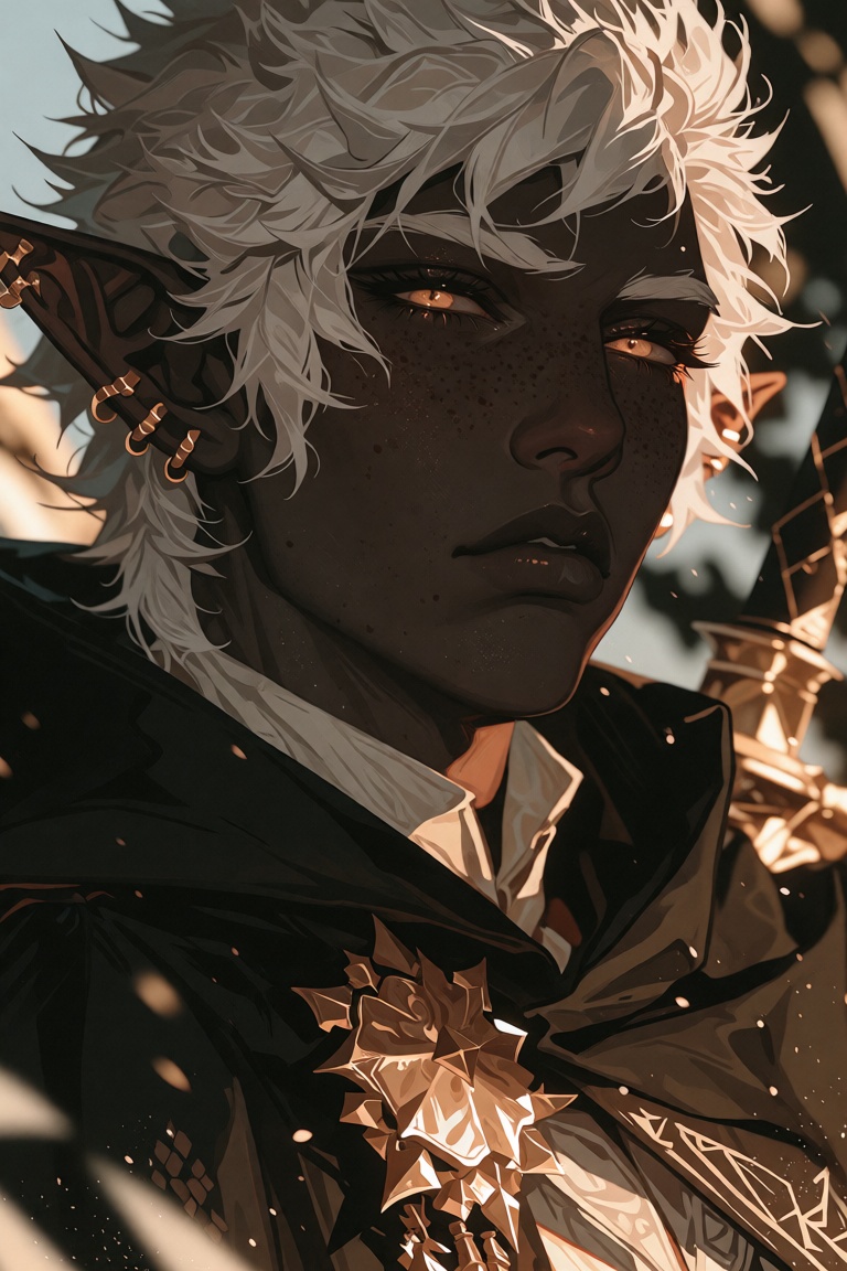 Style: semi realistic digital illustration: The image depicts a character with dark skin and white,  spiky hair and pointe...
