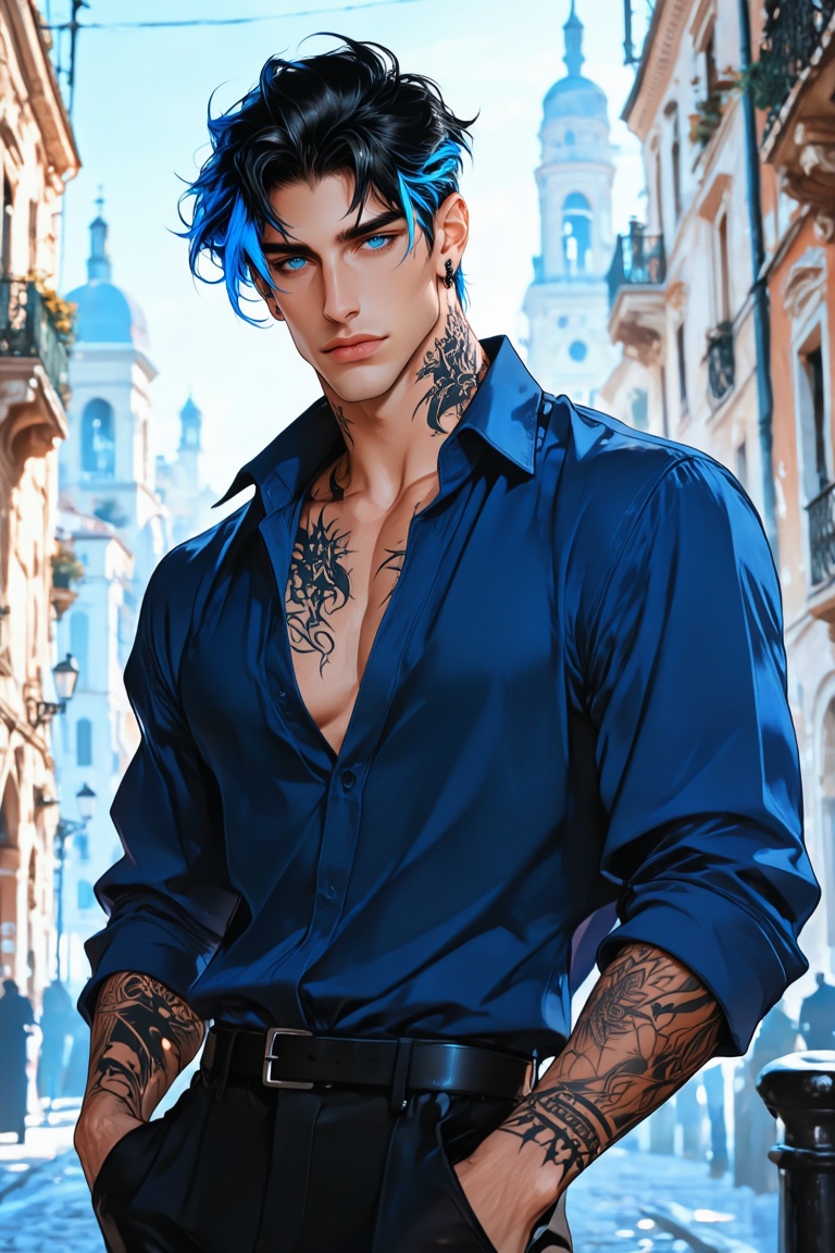 1man,  21y years old,  fine black hair with blue tips on Tensor.Art