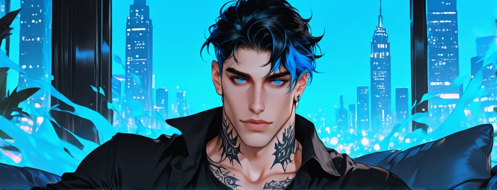 1man,  21y years old,  fine black hair with blue tips on Tensor.Art
