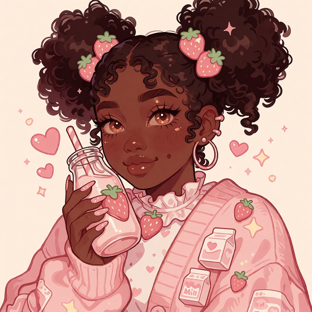 illustration of a young Black woman with deep brown skin and rosy blushing cheeks,  voluminous afro puffs tied with pink s...