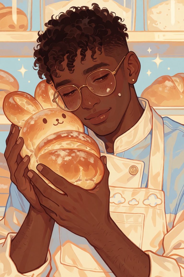 illustration of a young Black man with warm dark brown skin and a gentle sleepy smile,  soft tapered curls with a tiny flo...