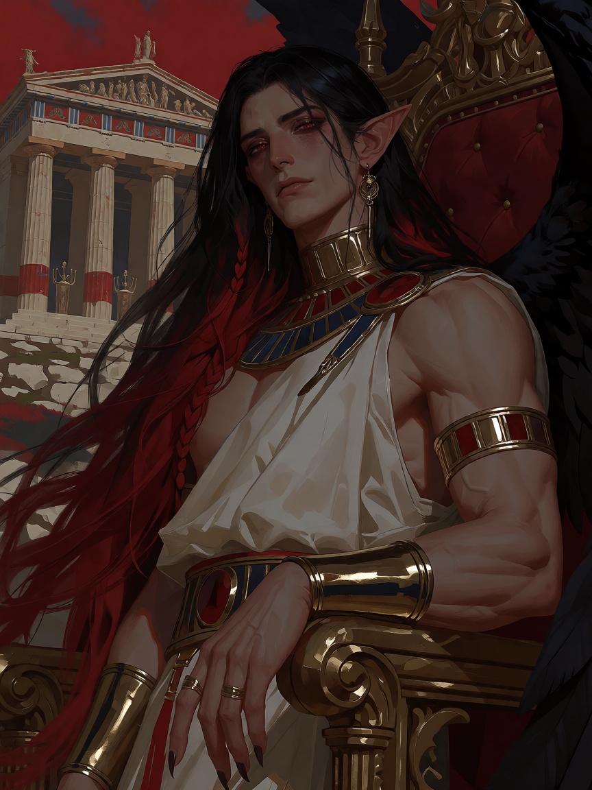 Create a scene where a mature male,  focusing on his crossdressing appearance,  stands calmly in an ancient Greek temple b...