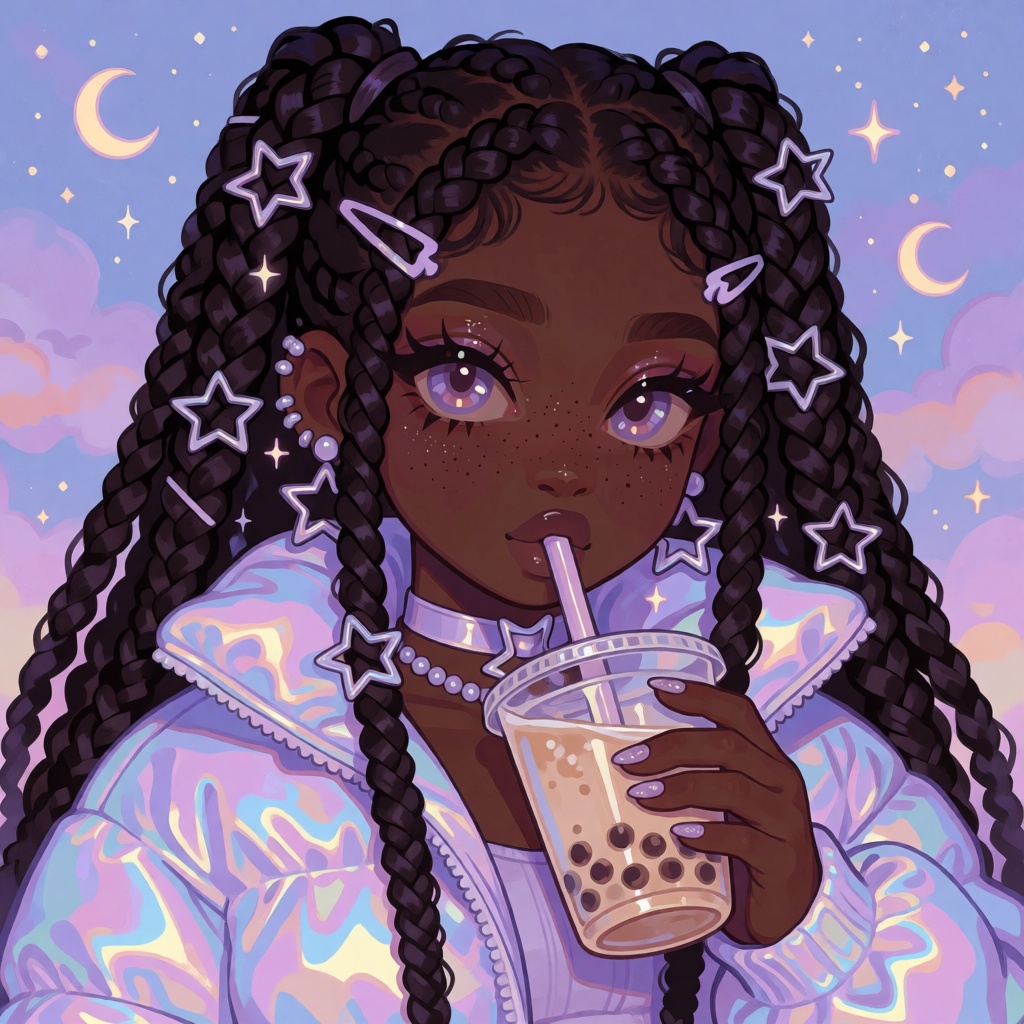illustration of a young Black woman with rich espresso skin,  long glossy box braids with lavender and silver star clips,...