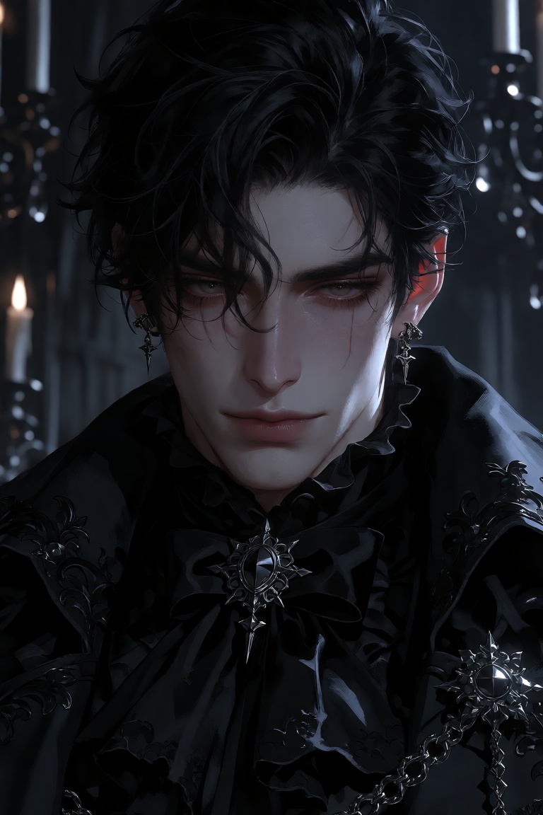 Create a half-body portrait of a pretty boy in a dark gothic setting,  emphasizing his pale elegant beauty and delicate ma...