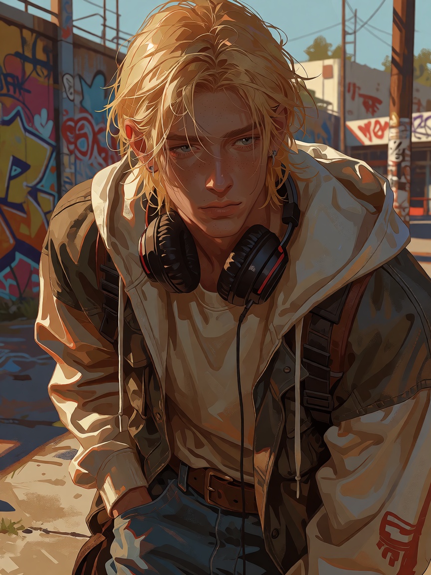 Create a pseudo-realistic image with stylized western elements of a young male with medium-length blonde hair and blue eye...