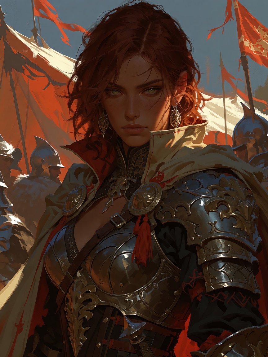 Create a medium portrait of a tall,  well-built warrior woman in her late twenties,  with medium-length auburn hair and st...