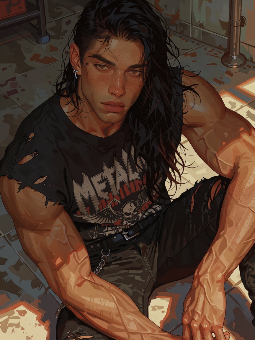 a gorgeous male,  with long black hair. he's a metalhead. wears a worn black metal band t-shirt from the 80s. his pants ar...