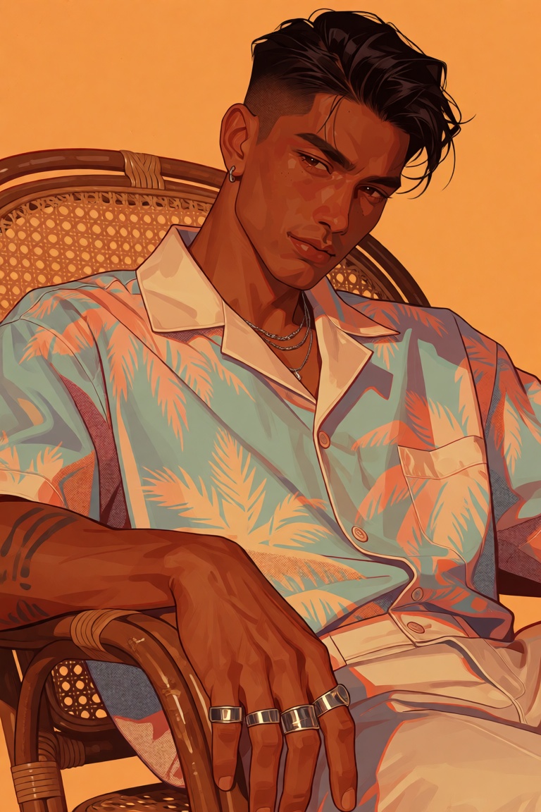 stylized editorial illustration of a Filipino man with warm caramel-brown skin,  a sharp undercut with a glossy black quif...