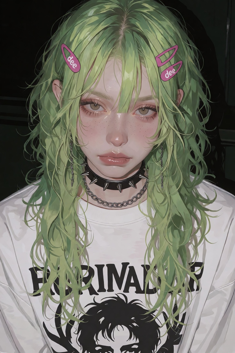 Create an image that captures a person with long,  wavy,  light green hair. They are wearing a white t-shirt adorned with...