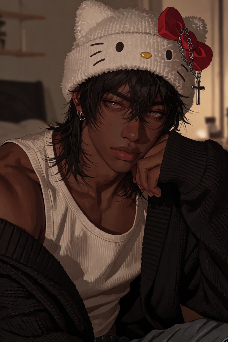 high-detail portrait of a black-asian male with a muscular body and cool-toned dark brown skin,  pink eyes,  and black hai...