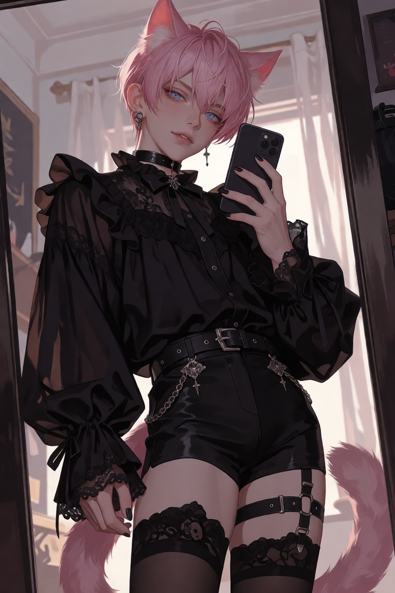 A young boy with short pink hair and striking blue eyes stands in front of a mirror,  holding a phone in one hand. He has...