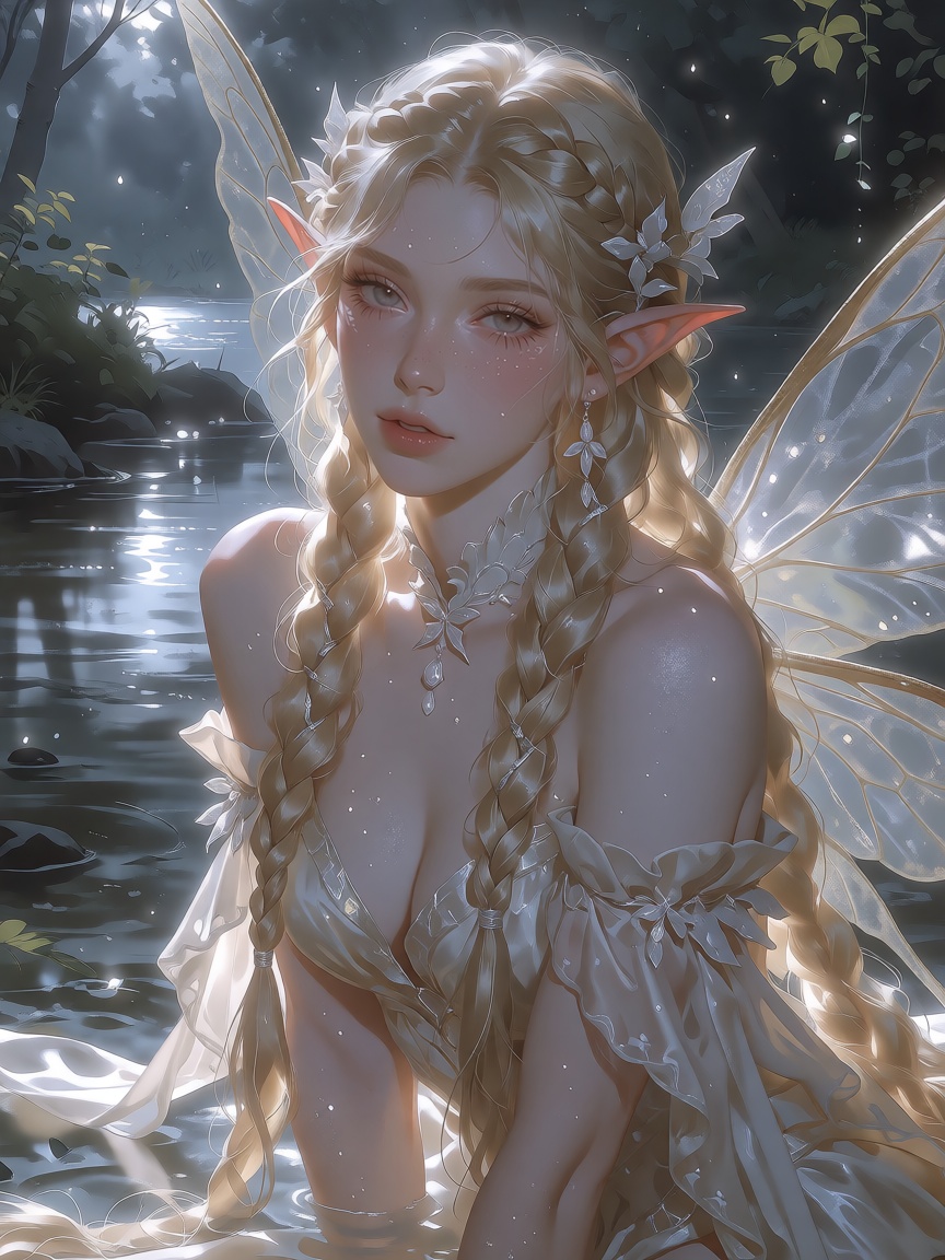 This is a highly detailed image of a gorgeous fairy woman with long blond braided hair,  glowing softly under silvery moon...
