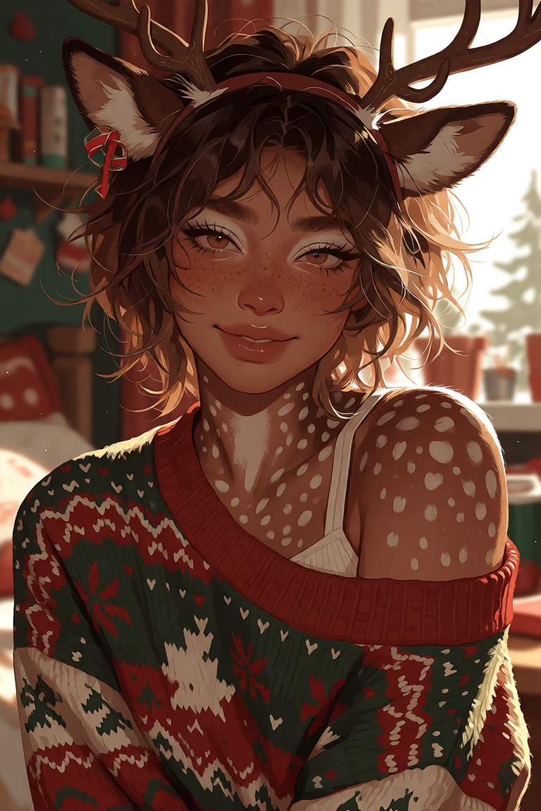 a portrait of a girl with reindeer ears,  reindeer antlers. She's a lovely half-human,  half-reindeer mature female. She i...