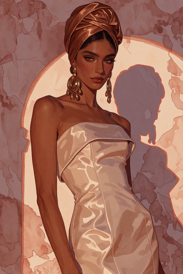 stylized editorial fashion illustration of an Arab woman with olive-brown skin,  strong arched brows,  kohl-rimmed eyes on...