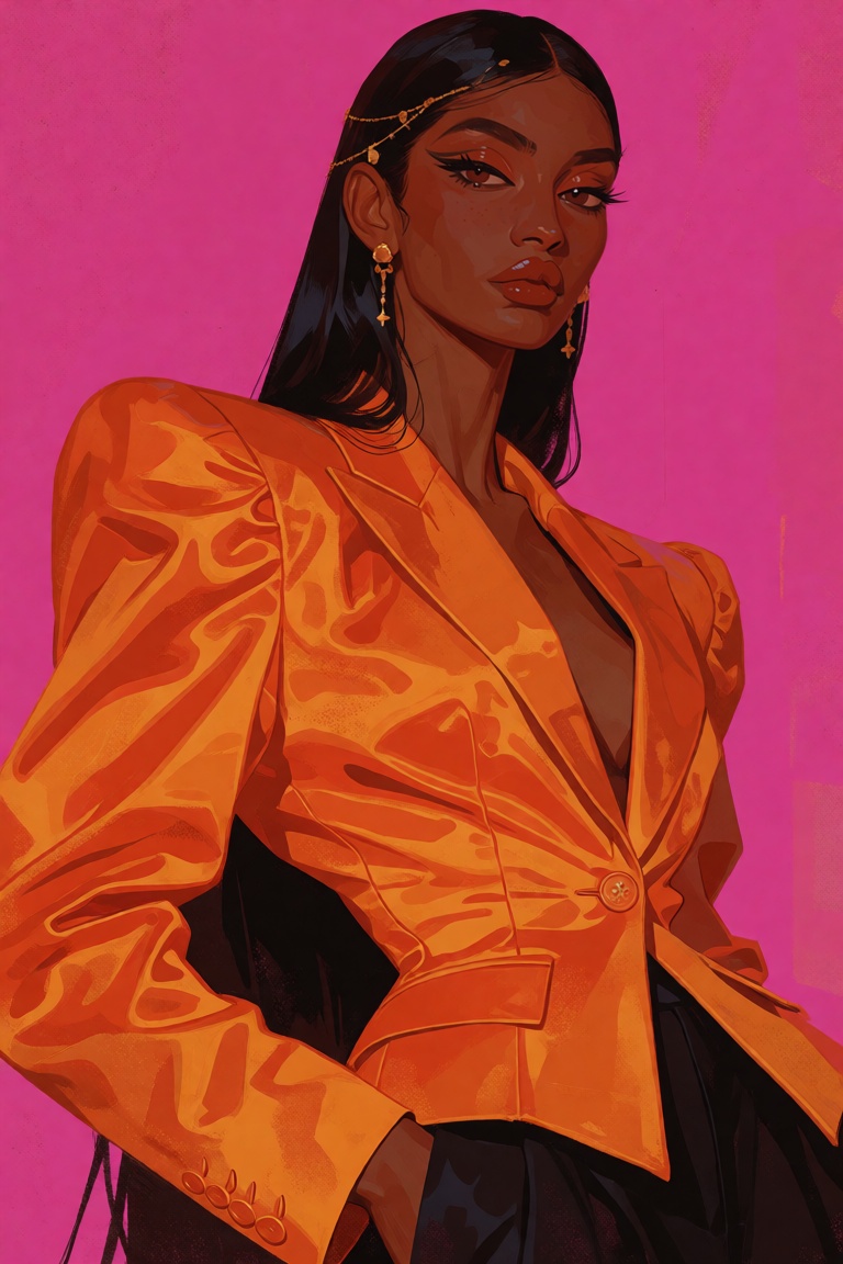 stylized editorial fashion illustration of a South Asian woman with warm brown skin,  sleek waist-length black hair with a...