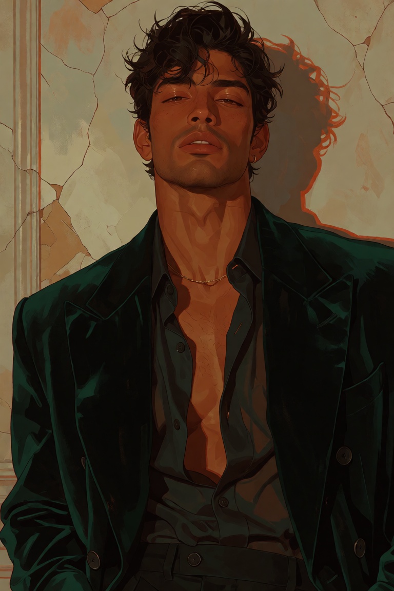 stylized editorial illustration of a Latino man with golden-tan skin,  tousled dark wavy hair,  light stubble on Tensor.Art