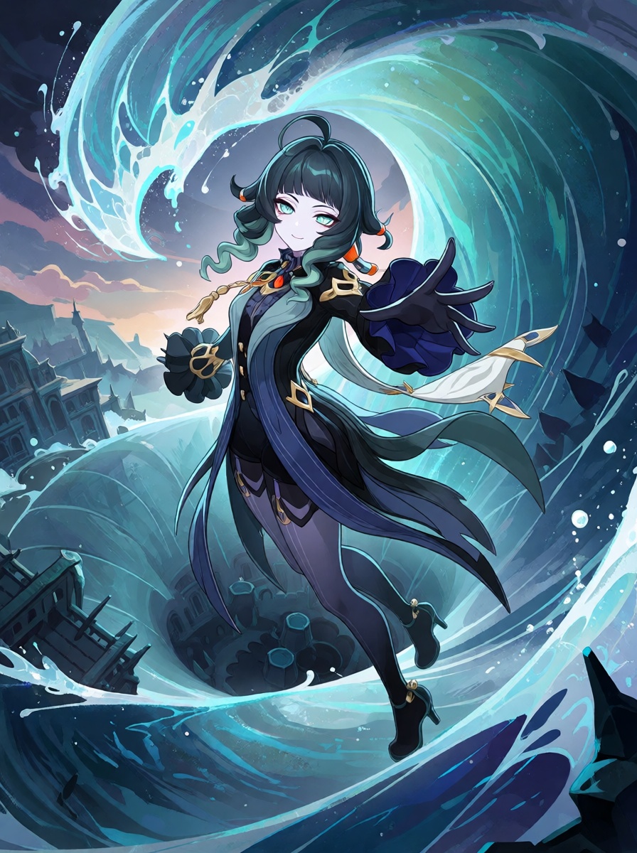 gensplashx,  A female ***** villain. She has pale skin,  short sculpted midnight-teal curls threaded with tiny copper bead...