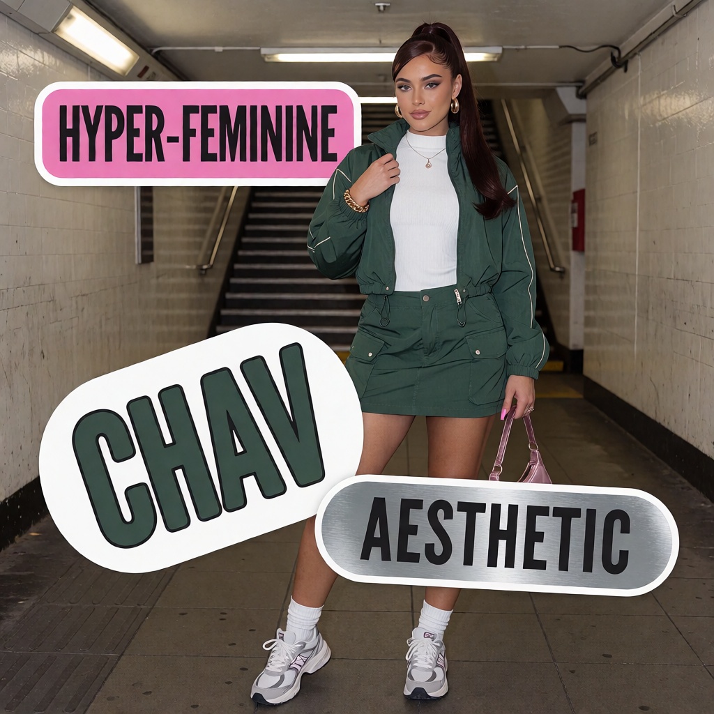 Square composition,  contemporary London street-fashion cover featuring a coordinated three-piece die-cut sticker typograp...