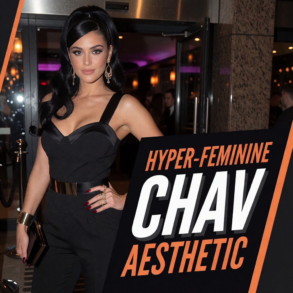 Square composition,  2014 Essex nightclub promotional cover with the exact headline "HYPER-FEMININE CHAV AESTHETIC" arrang...