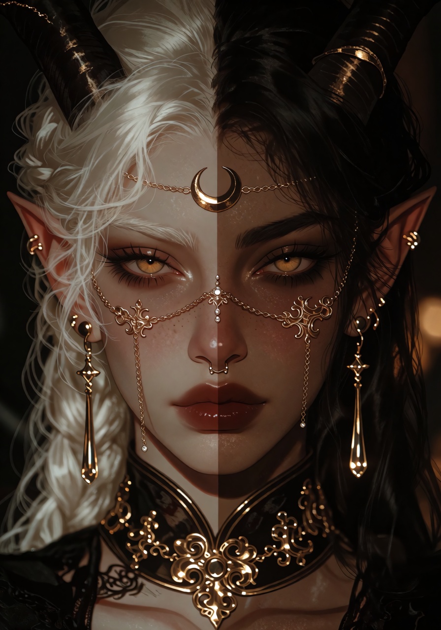 Symmetrical portrait of a demonic queen split vertically down the center: left side pale porcelain skin,  white hair braid...
