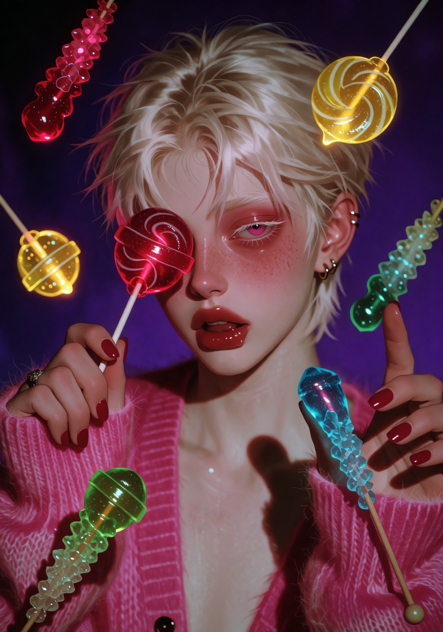 A portrait of an androgynous young figure surrounded by levitating hard candy lollipops and rock candy sticks against a de...