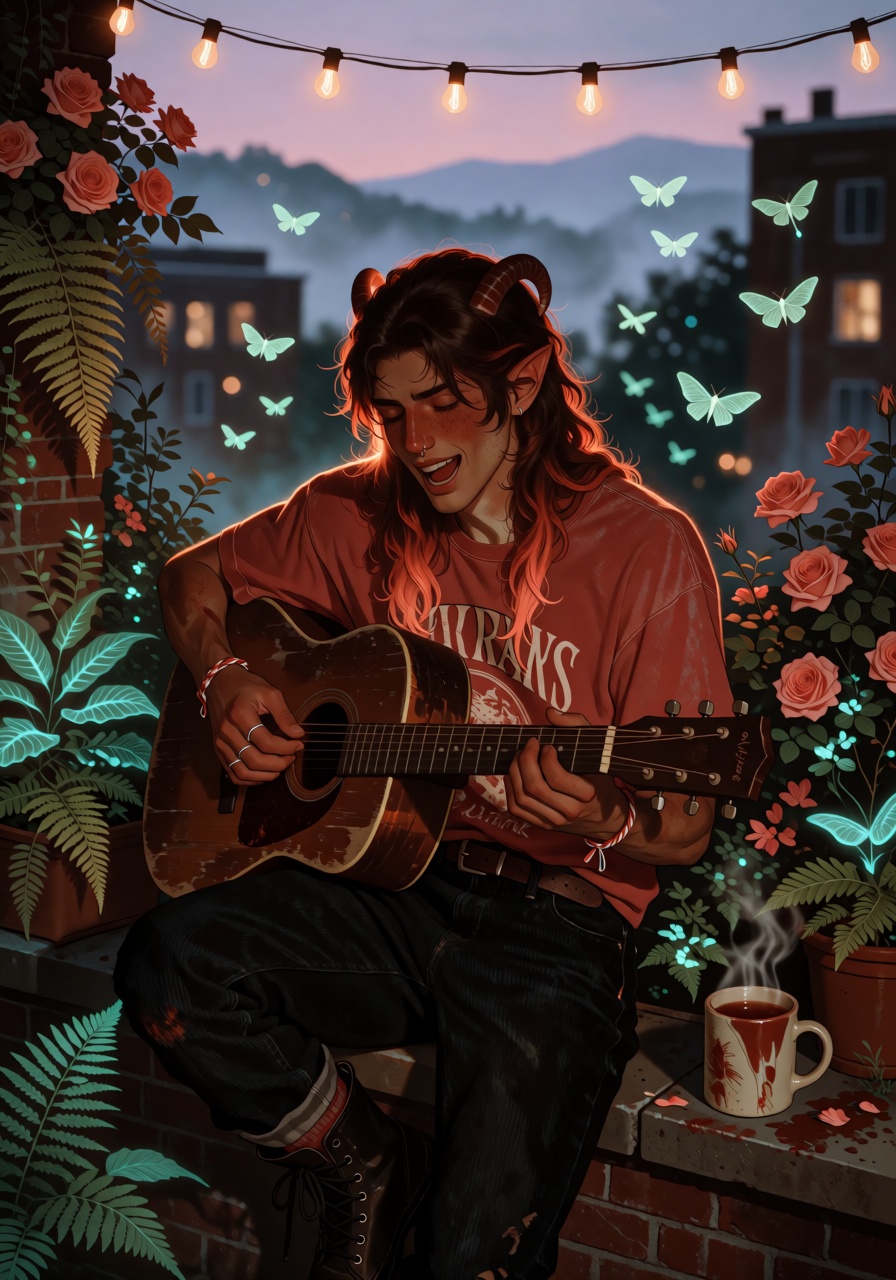 A full-body three-quarter fantasy portrait of a young demi-human man crouching on the edge of a campus rooftop garden at g...