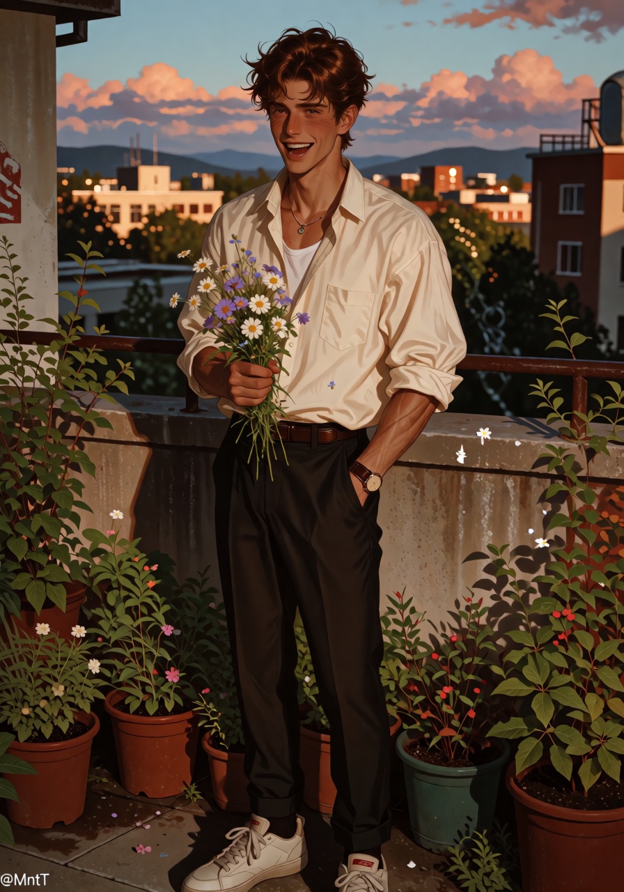 A handsome young man with tousled chestnut hair stands on a university rooftop surrounded by potted plants and low concret...