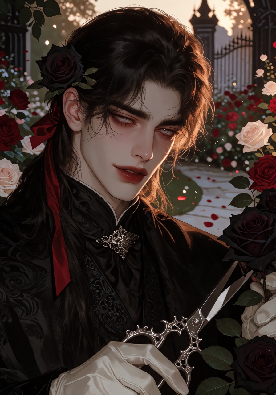 high-detail fantasy portrait of a young man with pale skin and sharp aristocratic features,  long dark hair tied in a loos...