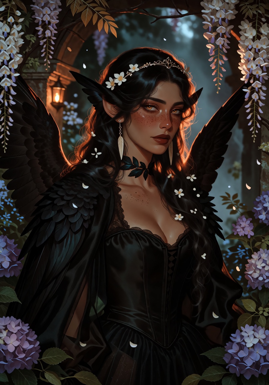 portrait of a aged-up woman with enormous dark feathered wings folded behind her shoulders like a heavy mantle and small d...