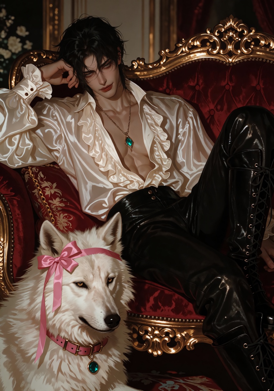 An androgynous young man reclining languidly on an ornate gilded tufted burgundy sofa,  pale porcelain skin,  messy black...