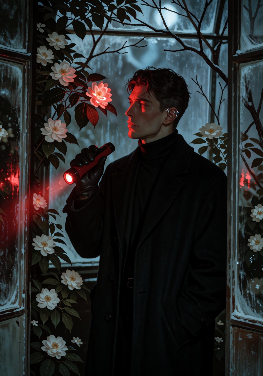 An ***** man stands in a glass winter garden filled with bare branches and white flowers,  holding a small red flashlight...