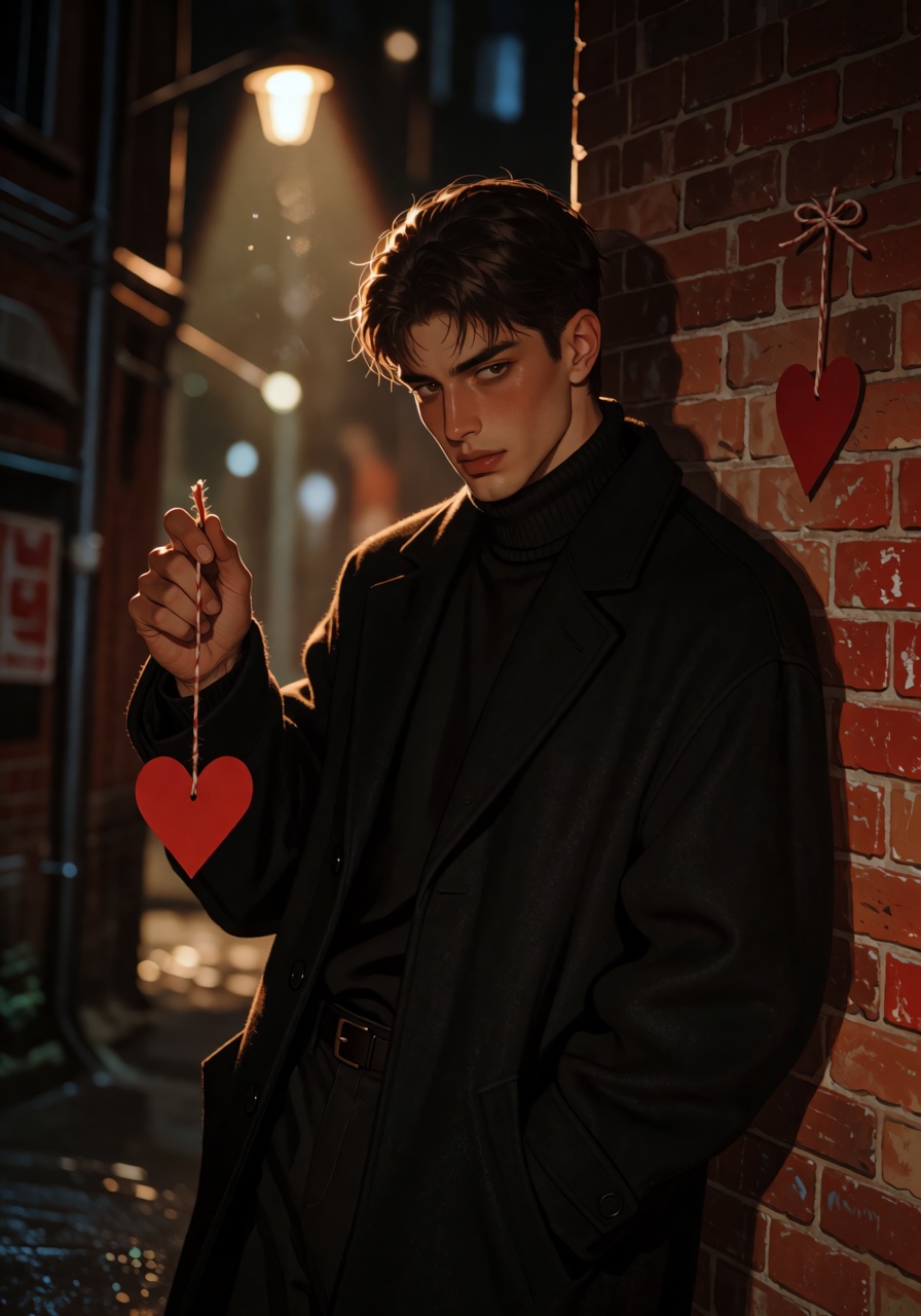 A young man with dark hair and brown eyes leans against a brick wall in a narrow alley. He wears a black turtleneck and a...