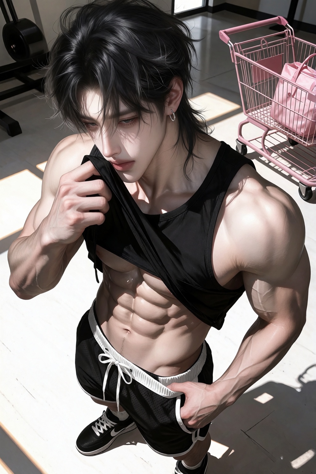 character: hair: )))) outfit: completely shirtless,  bare muscular chest and torso,  black athletic mesh shorts with white...