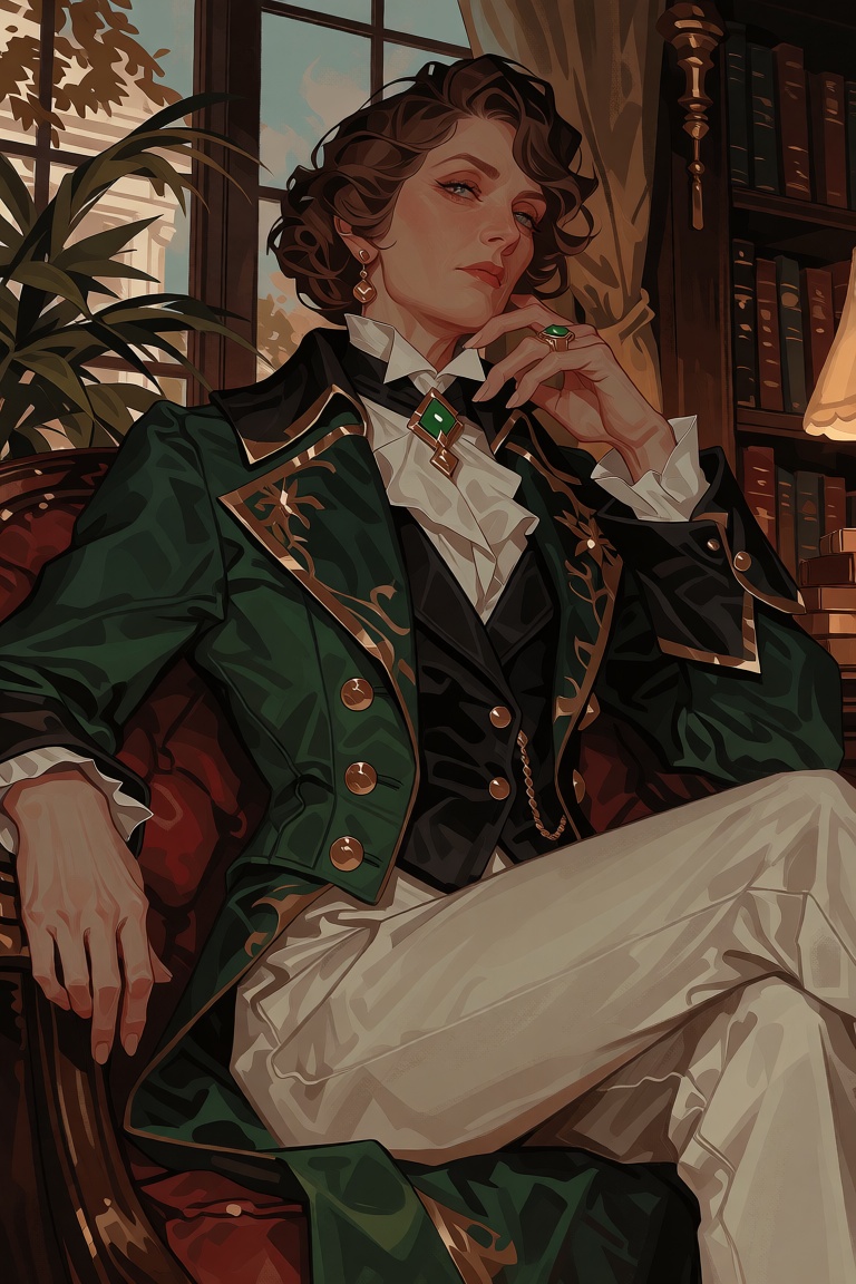 Style: semi realistic digital illustration,  painterly stylized art,  complex character design: The image depicts a sophis...