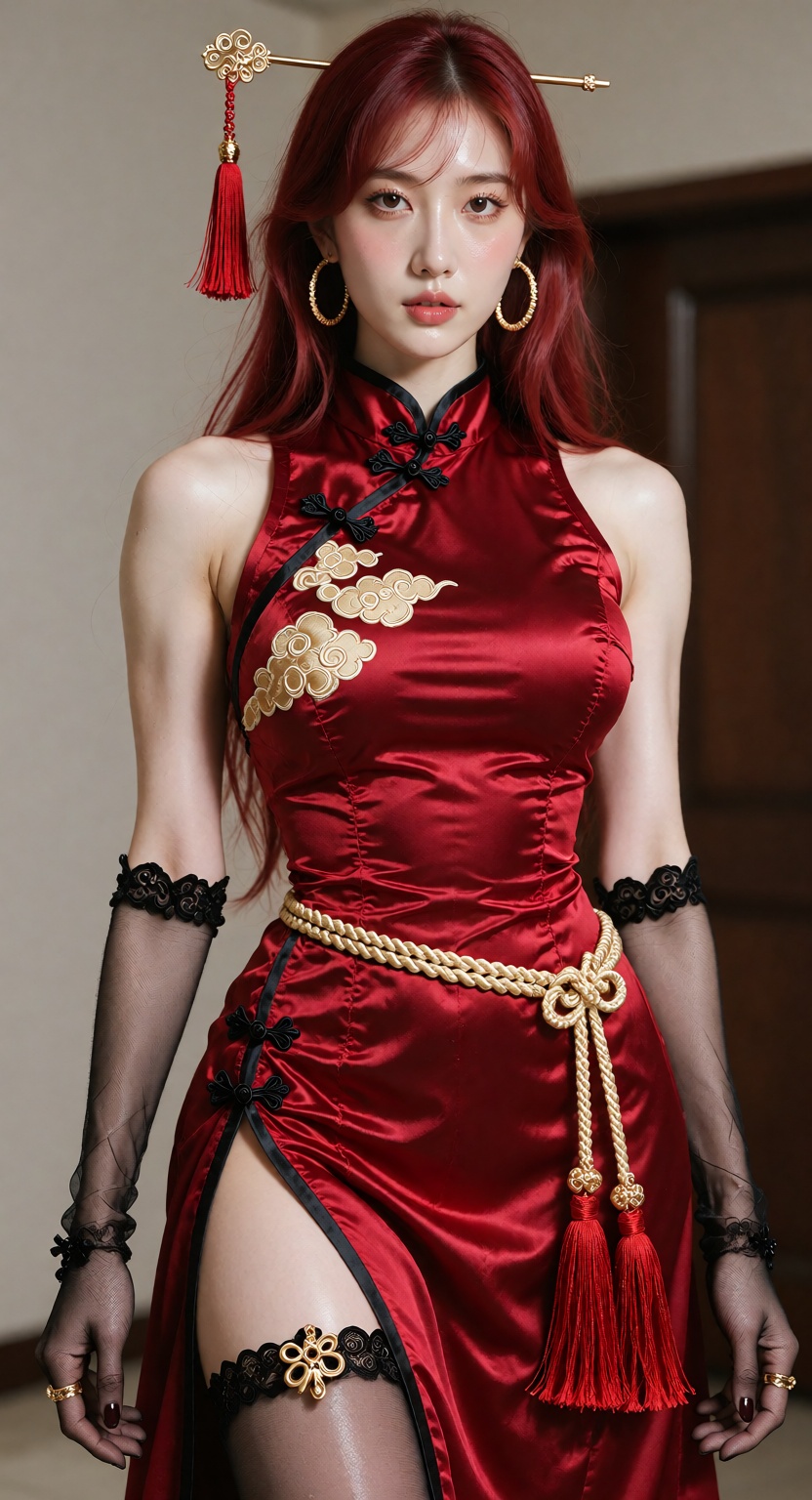 A photorealistic shot of one ***** Korean K-pop idol standing,  looking at the viewer. She has long red hair,  a gold hair...