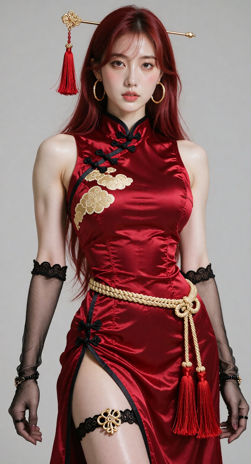 A photorealistic shot of one ***** Korean K-pop idol standing,  looking at the viewer. She has long red hair,  a gold hair...