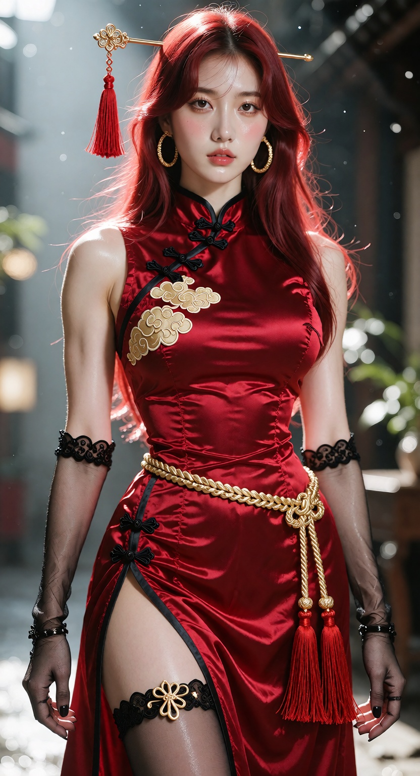 A photorealistic shot of one ***** Korean K-pop idol standing,  looking at the viewer. She has long red hair,  a gold hair...