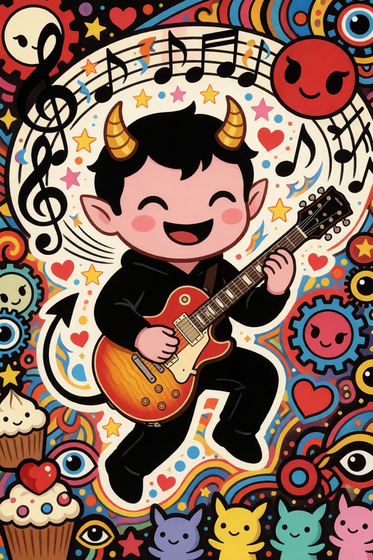 DecoDaal,  A smiling demon plays an electric guitar at the center of an elaborate collection of musical notes,  cartoon fa...