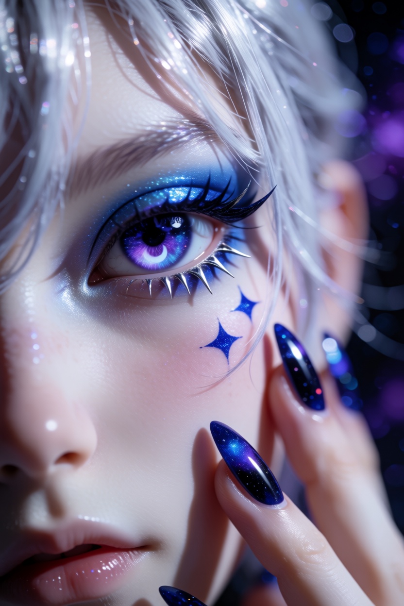 A pale-skinned anime face is cropped in extreme close-up,  the left eye locked forward with a calm,  slightly intense gaze...