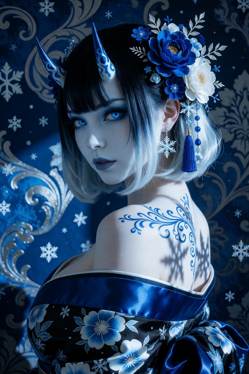 A woman with pale blue-white skin turns three-quarters toward the viewer,  her head slightly tilted,  luminous electric-bl...