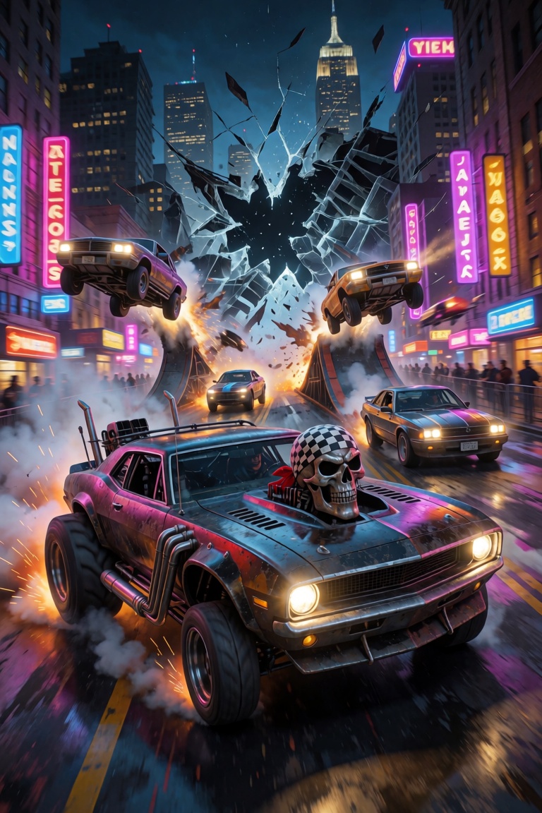 A chaotic cityscape bathed in the neon glow of streetlights is torn apart by a wild street race,  cars launching off ramps...